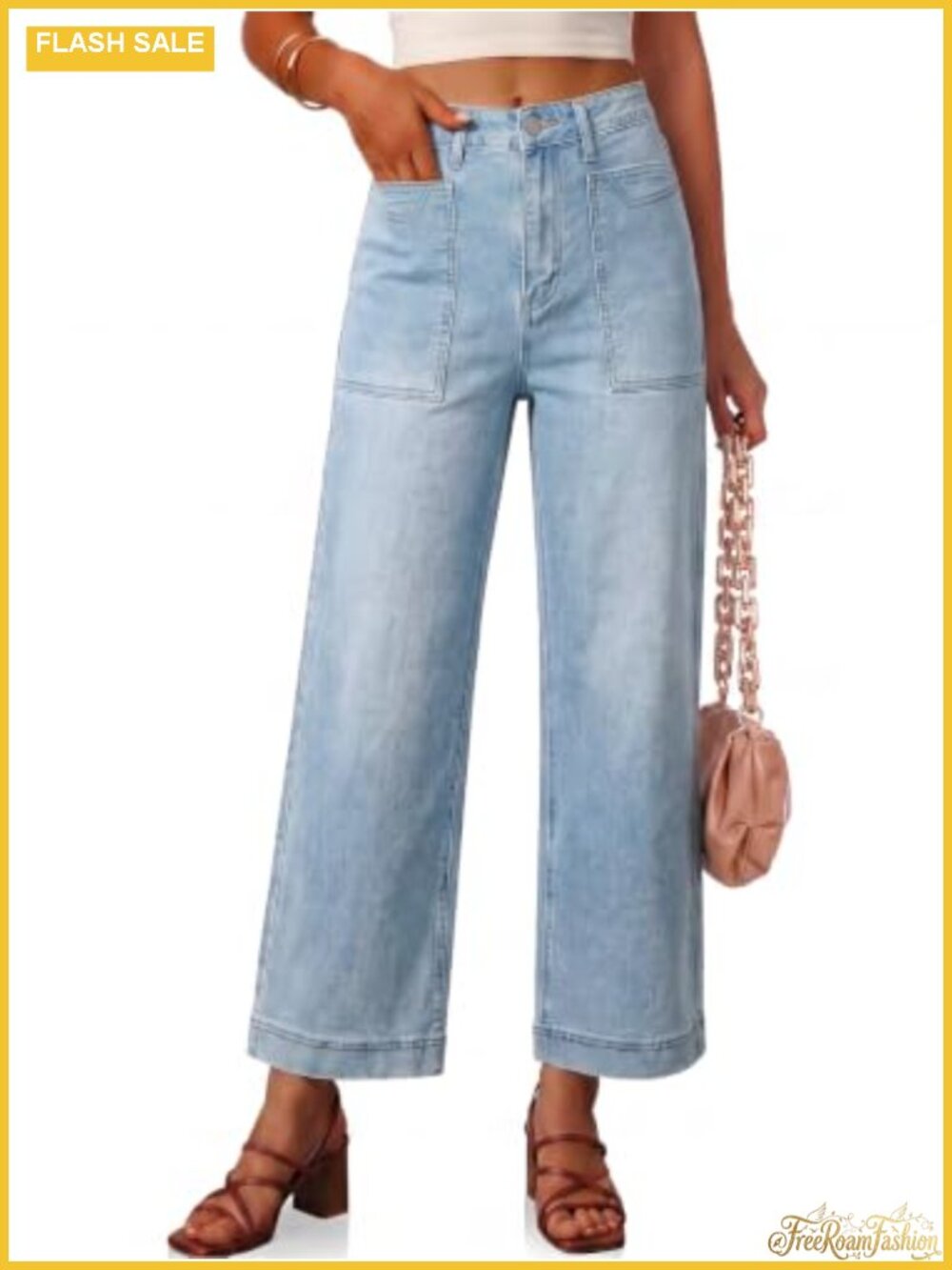 Women's High Waisted Wide Leg Cropped Jeans Stretchy Denim Patch Pockets